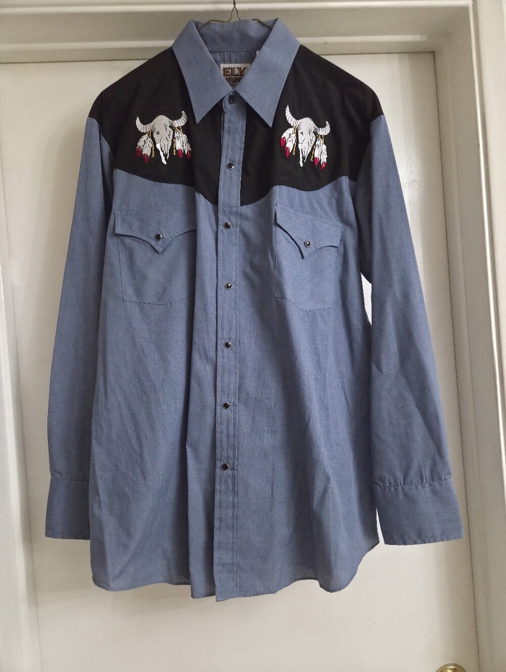 Ely Cattleman Light Blue Western Shirt with Black Yoke and Embroidered Skulls.